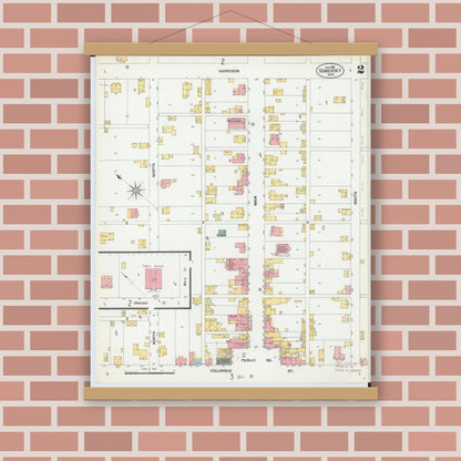 Old map wall art mockup — magnetic wood frame on brick wall — Sanborn Fire Insurance Map from Somerset, Perry County, Ohio (1901), Sheet #0002