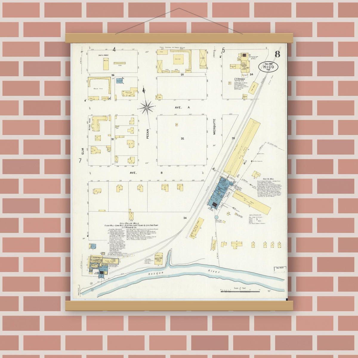 Old map wall art mockup — magnetic wood frame on brick wall — Sanborn Fire Insurance Map from Hico, Hamilton County, Texas (1907), Sheet #0008