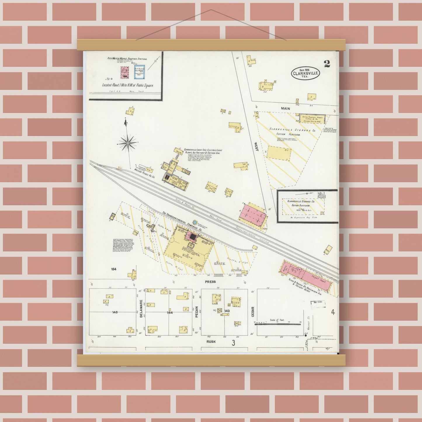 Old map wall art mockup — magnetic wood frame on brick wall — Sanborn Fire Insurance Map from Clarksville, Red River County, Texas (1906), Sheet #0002