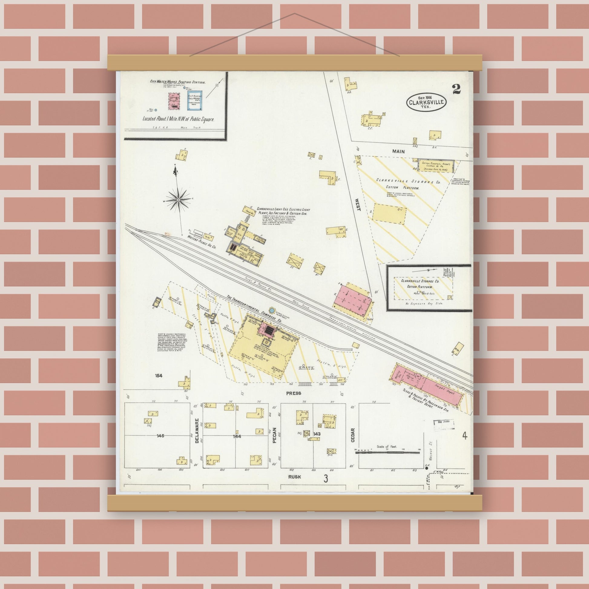 Old map wall art mockup — magnetic wood frame on brick wall — Sanborn Fire Insurance Map from Clarksville, Red River County, Texas (1906), Sheet #0002