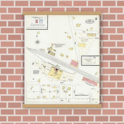 Old map wall art mockup — magnetic wood frame on brick wall — Sanborn Fire Insurance Map from Clarksville, Red River County, Texas (1906), Sheet #0002