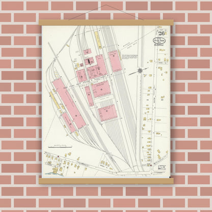 Old map wall art mockup — magnetic wood frame on brick wall — Sanborn Fire Insurance Map from Hyde Park, Norfolk County, Massachusetts (1911), Sheet #0026