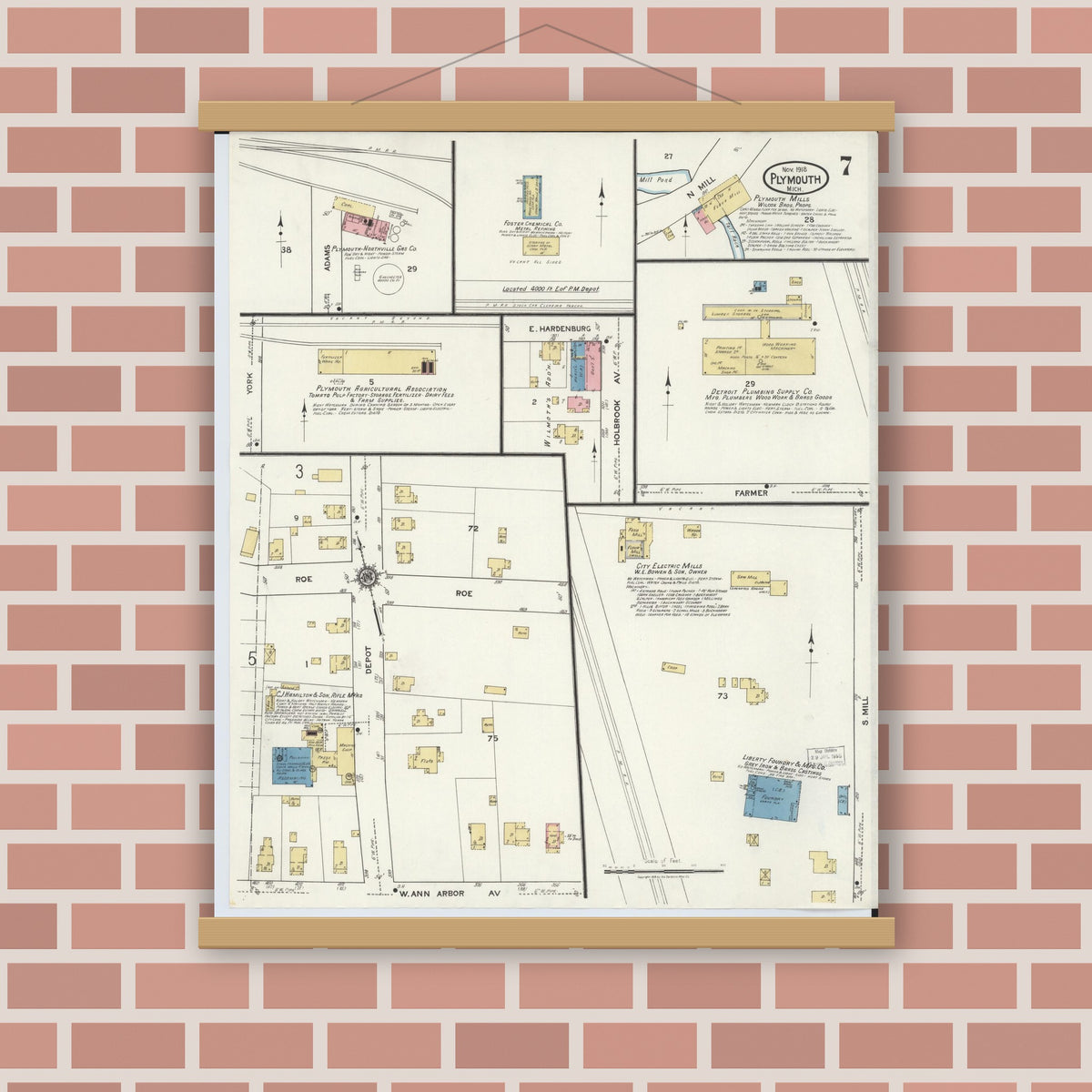 Old map wall art mockup — magnetic wood frame on brick wall — Sanborn Fire Insurance Map from Plymouth, Wayne County, Michigan (1918), Sheet #0007
