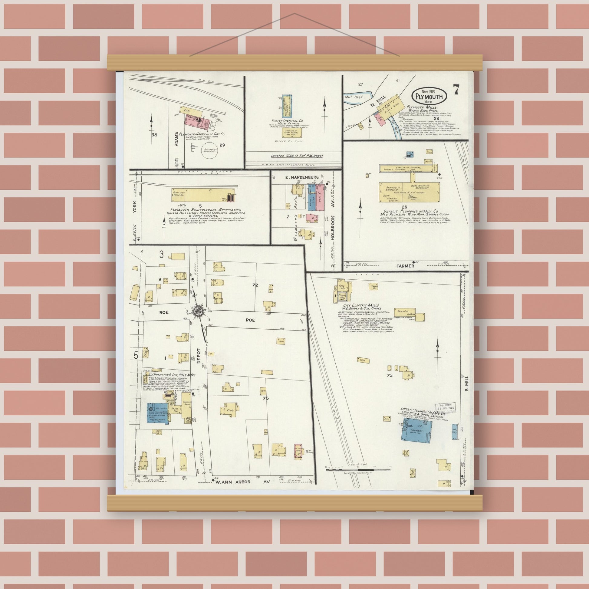 Old map wall art mockup — magnetic wood frame on brick wall — Sanborn Fire Insurance Map from Plymouth, Wayne County, Michigan (1918), Sheet #0007