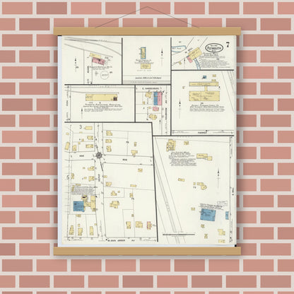Old map wall art mockup — magnetic wood frame on brick wall — Sanborn Fire Insurance Map from Plymouth, Wayne County, Michigan (1918), Sheet #0007