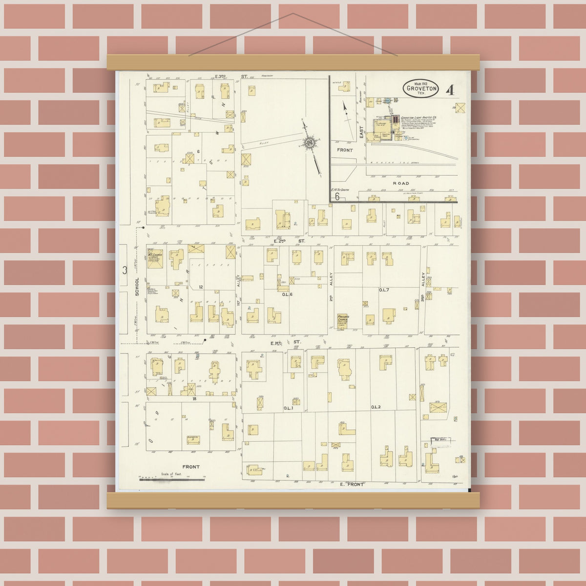 Old map wall art mockup — magnetic wood frame on brick wall — Sanborn Fire Insurance Map from Groveton, Trinity County, Texas (1912), Sheet #0004