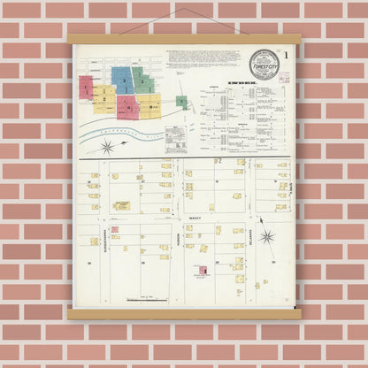 Old map wall art mockup — magnetic wood frame on brick wall — Sanborn Fire Insurance Map from Forest City, Susquehanna County, Pennsylvania (1908) - Complete Map Set