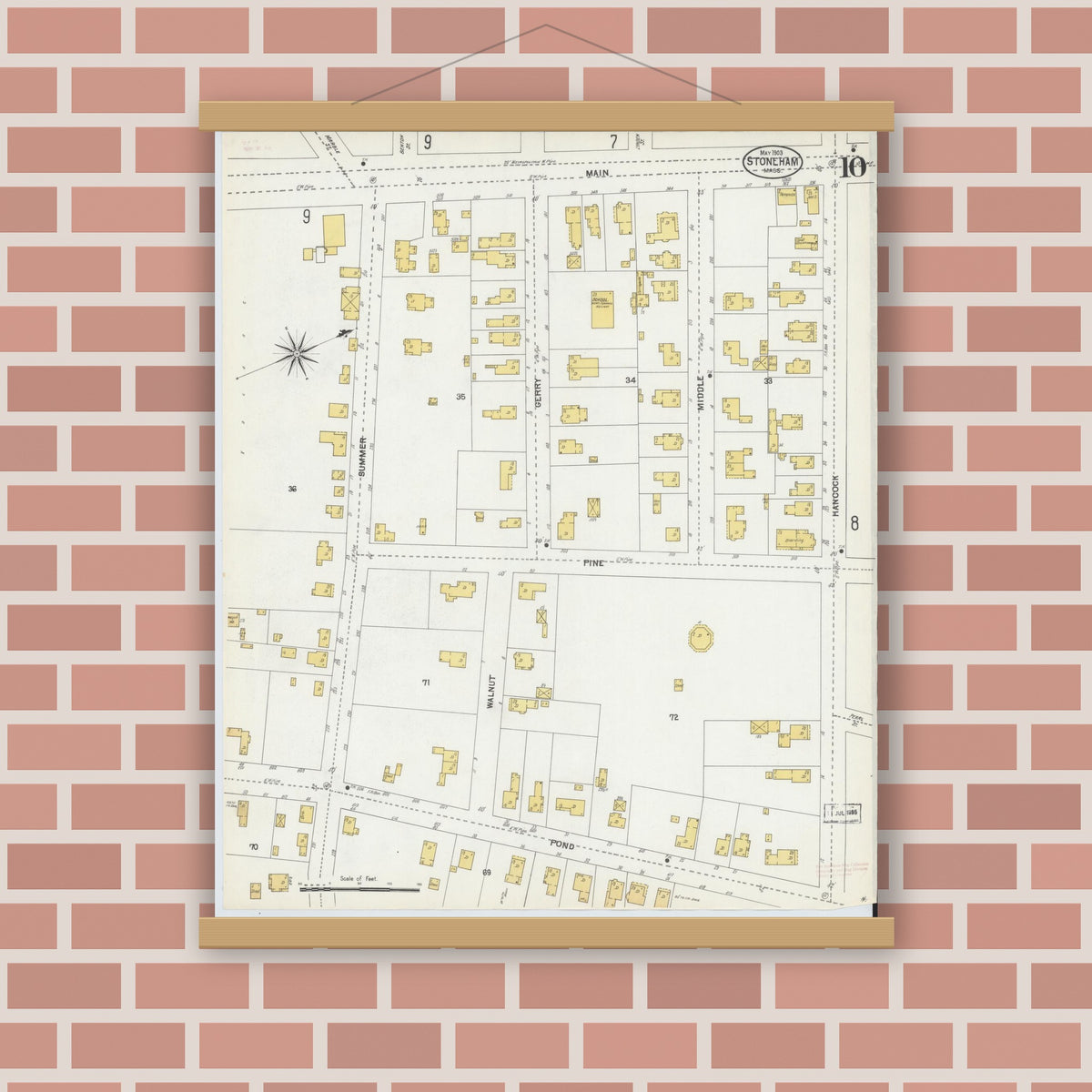 Old map wall art mockup — magnetic wood frame on brick wall — Sanborn Fire Insurance Map from Stoneham, Middlesex County, Massachusetts (1903), Sheet #0010