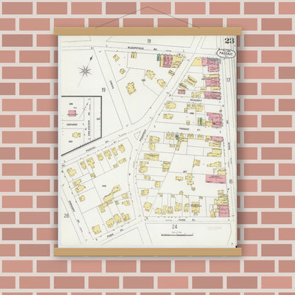 Old map wall art mockup — magnetic wood frame on brick wall — Sanborn Fire Insurance Map from Passaic, Passaic County, New Jersey (1899), Sheet #0023