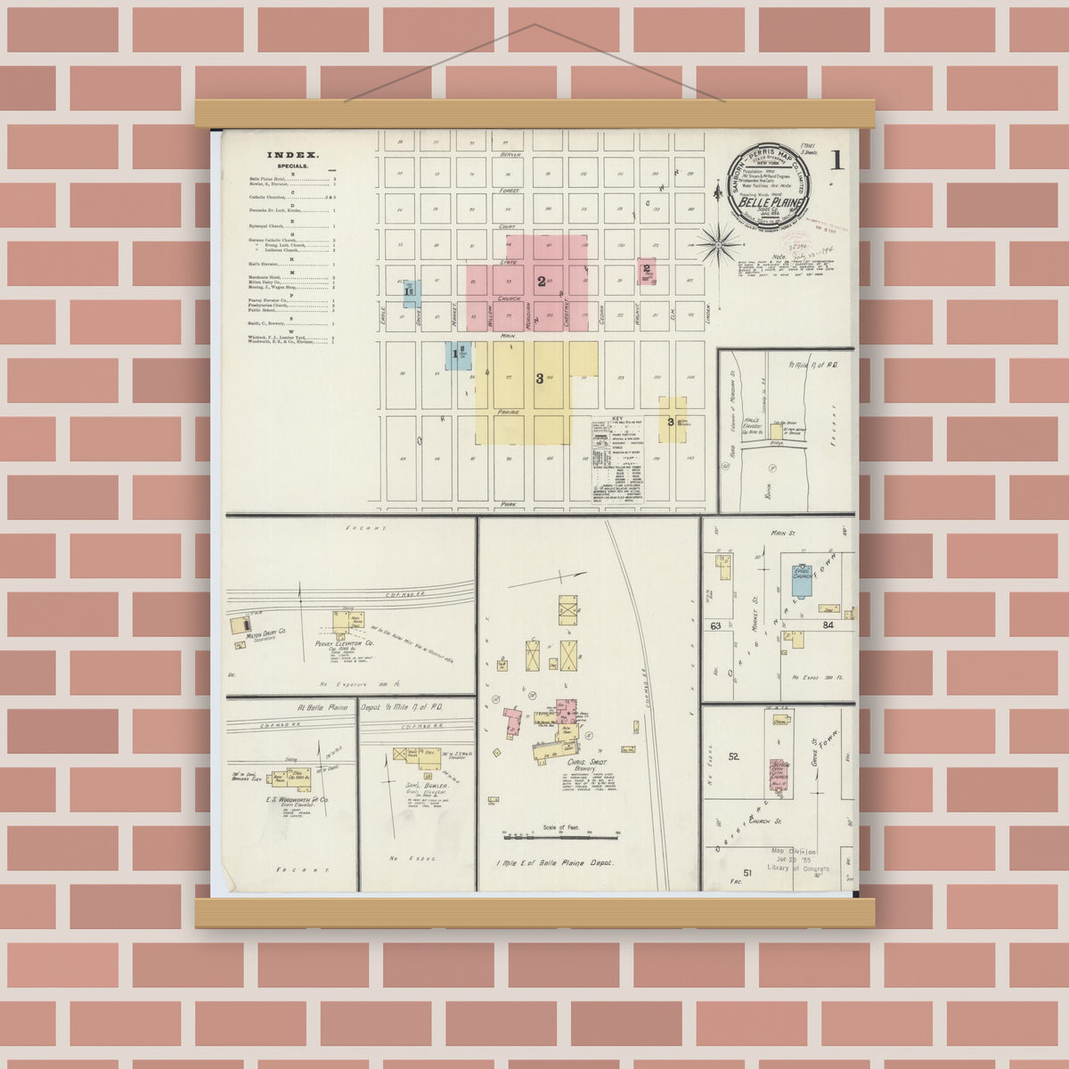 Old map wall art mockup — magnetic wood frame on brick wall — Sanborn Fire Insurance Map from Belle Plaine, Scott County, Minnesota (1894) - Complete Map Set