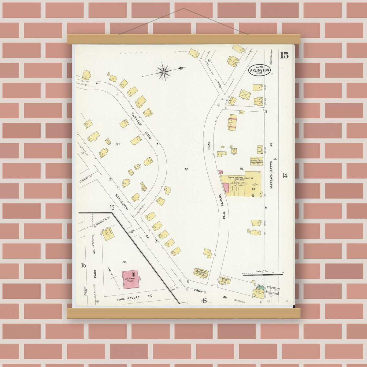 Old map wall art mockup — magnetic wood frame on brick wall — Sanborn Fire Insurance Map from Arlington, Middlesex County, Massachusetts (1908), Sheet #0015