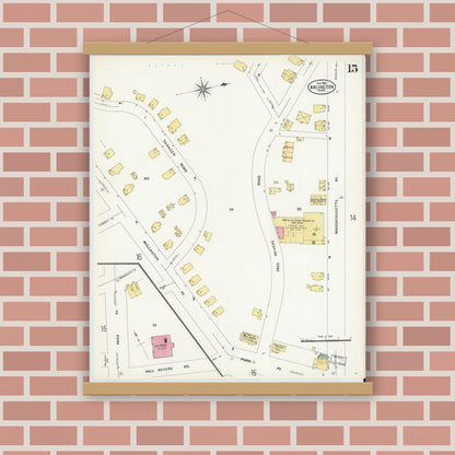 Old map wall art mockup — magnetic wood frame on brick wall — Sanborn Fire Insurance Map from Arlington, Middlesex County, Massachusetts (1908), Sheet #0015