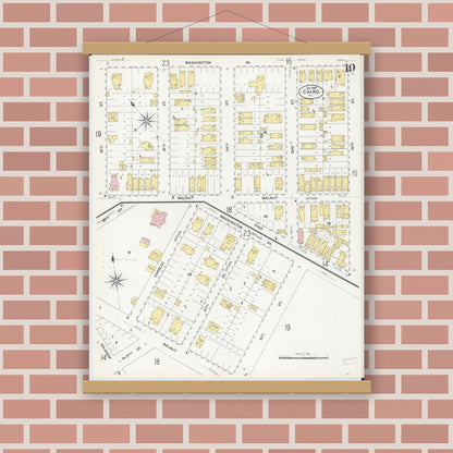 Old map wall art mockup — magnetic wood frame on brick wall — Sanborn Fire Insurance Map from Cairo, Alexander County, Illinois (1907), Sheet #0019