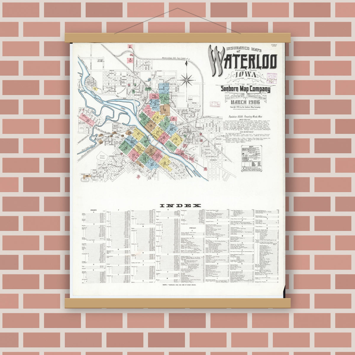 Old map wall art mockup — magnetic wood frame on brick wall — Sanborn Fire Insurance Map from Waterloo, Black Hawk County, Iowa (1906), Sheet #0001