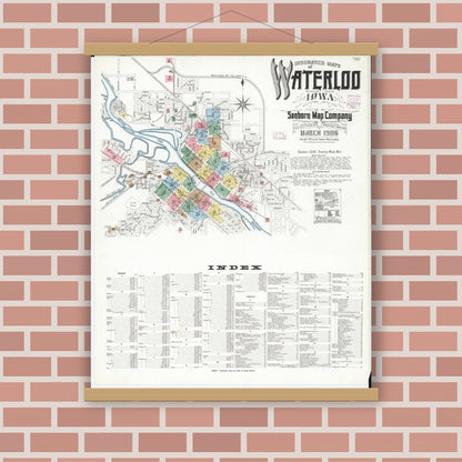 Old map wall art mockup — magnetic wood frame on brick wall — Sanborn Fire Insurance Map from Waterloo, Black Hawk County, Iowa (1906), Sheet #0001