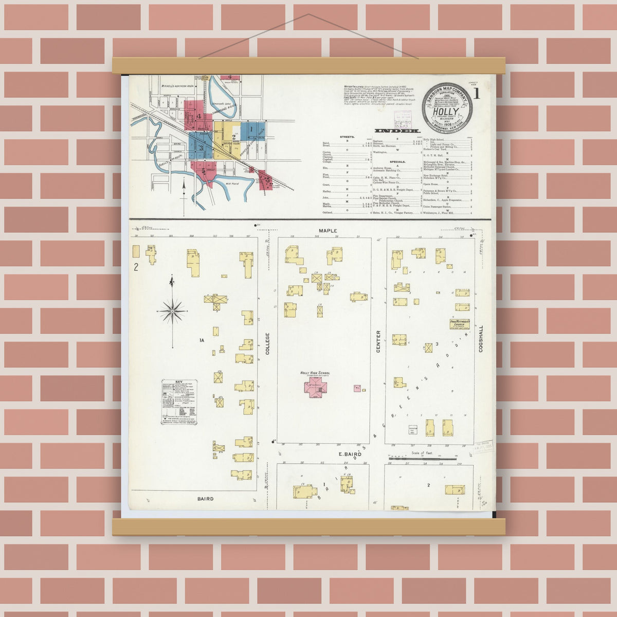 Old map wall art mockup — magnetic wood frame on brick wall — Sanborn Fire Insurance Map from Holly, Oakland County, Michigan (1908), Sheet #0001