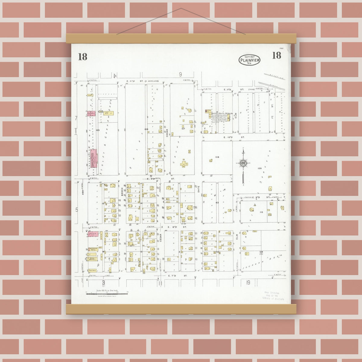 Old map wall art mockup — magnetic wood frame on brick wall — Sanborn Fire Insurance Map from Plainview, Hale County, Texas (1927), Sheet #0018