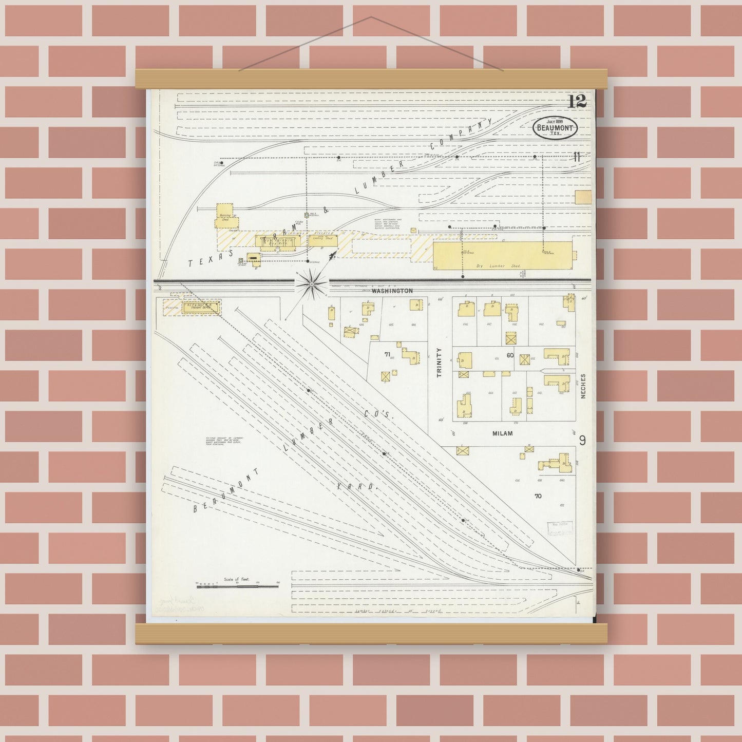 Old map wall art mockup — magnetic wood frame on brick wall — Sanborn Fire Insurance Map from Beaumont, Jefferson County, Texas (1899), Sheet #0012