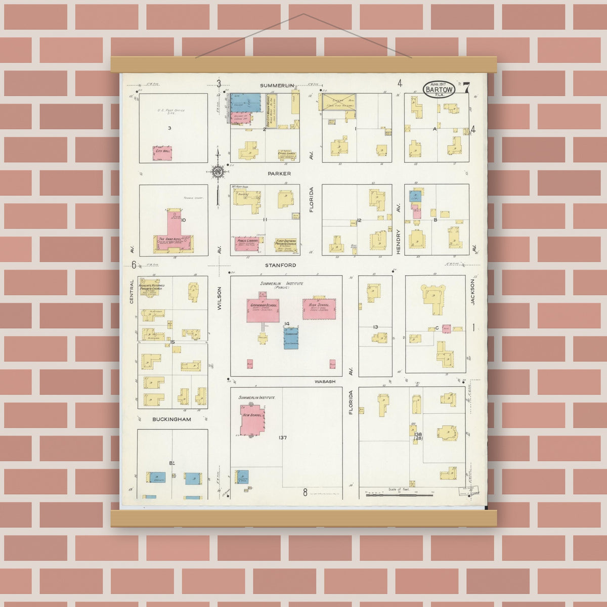 Old map wall art mockup — magnetic wood frame on brick wall — Sanborn Fire Insurance Map from Bartow, Polk County, Florida (1917), Sheet #0007