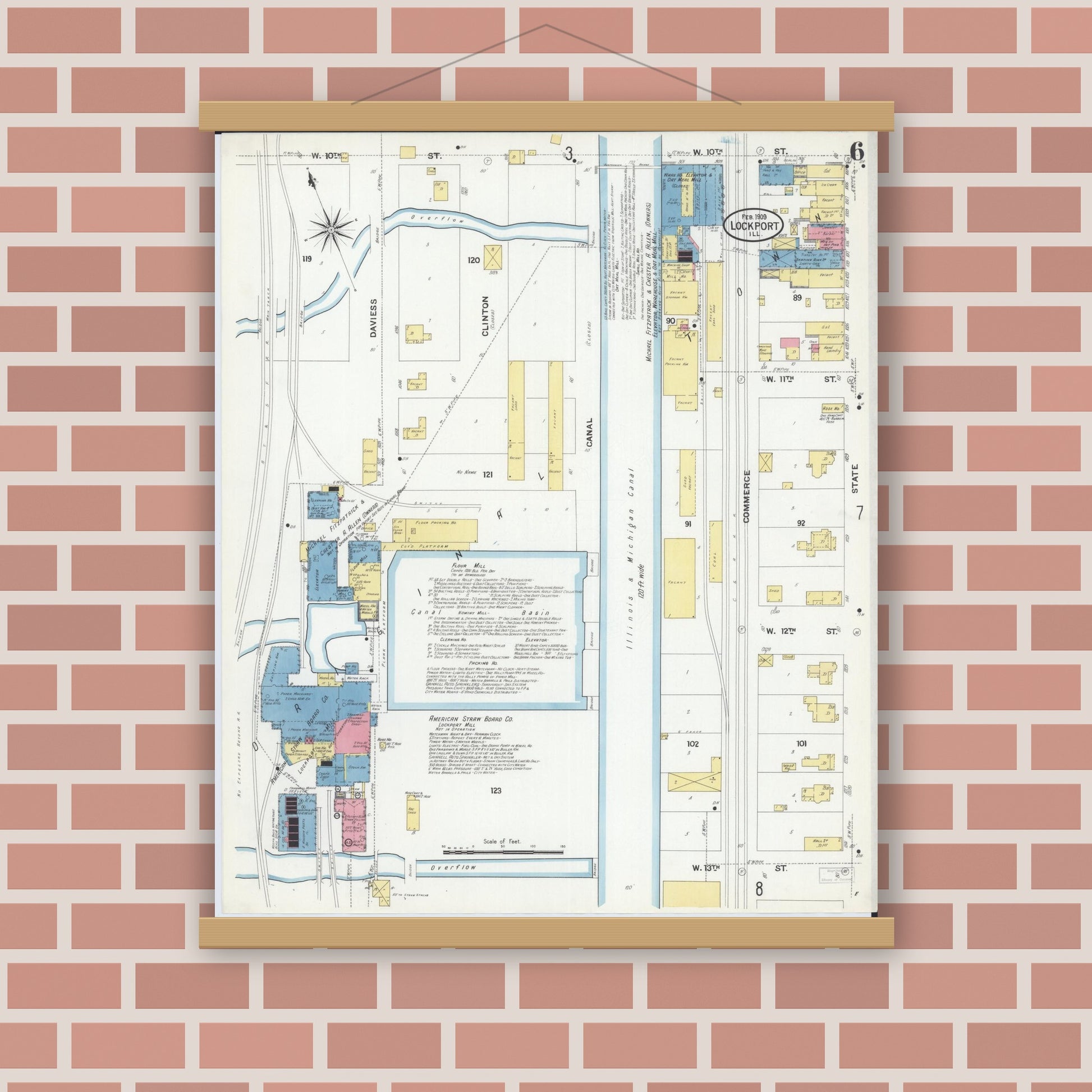 Old map wall art mockup — magnetic wood frame on brick wall — Sanborn Fire Insurance Map from Lockport, Will County, Illinois (1909), Sheet #0006