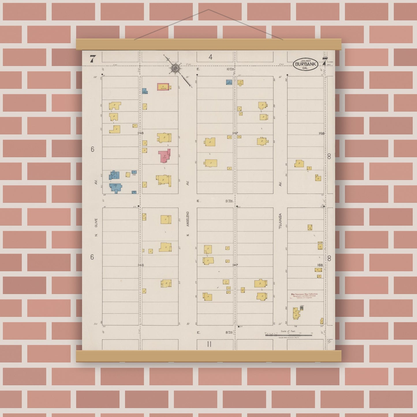 Old map wall art mockup — magnetic wood frame on brick wall — Sanborn Fire Insurance Map from Burbank, Los Angeles County, California (1923), Sheet #0007