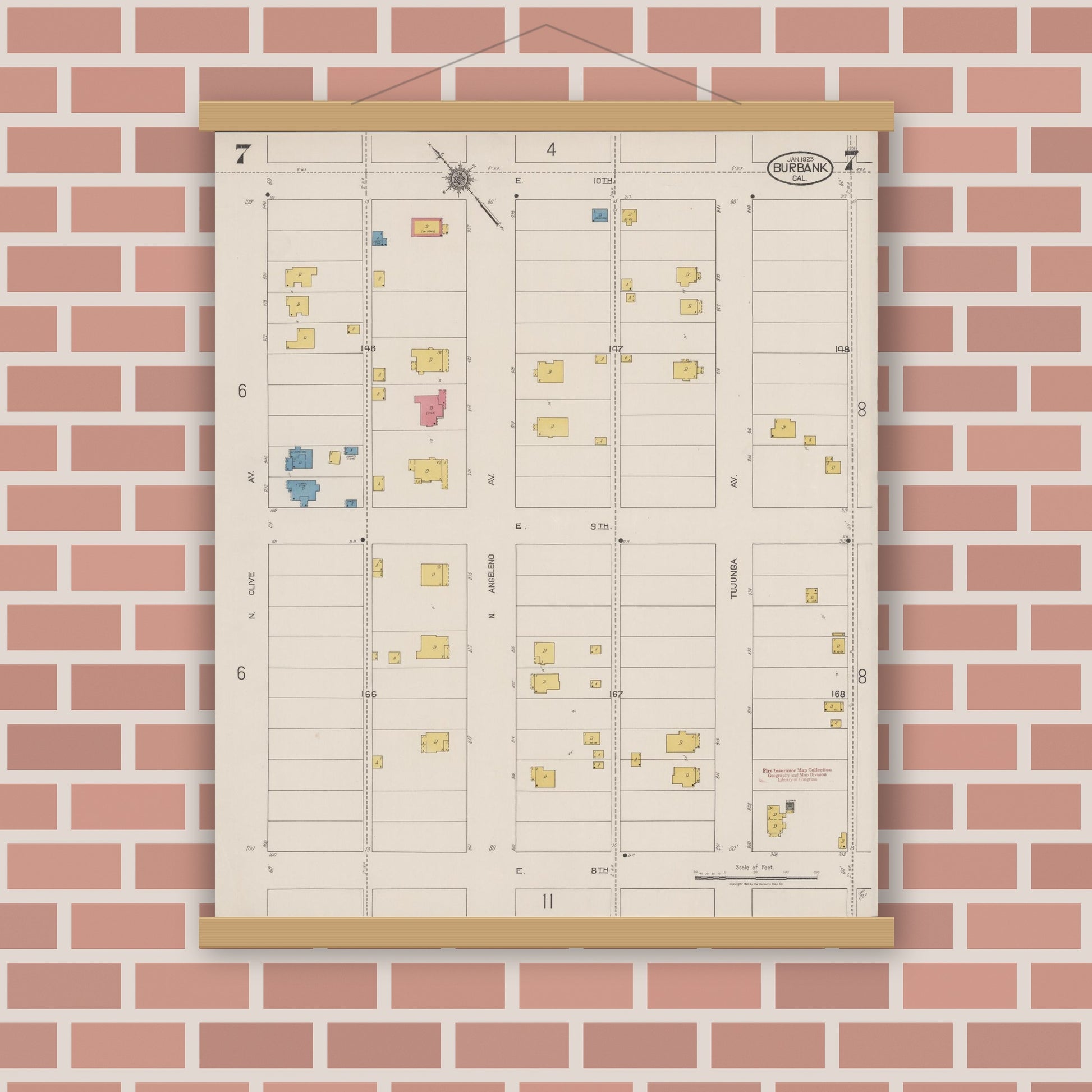Old map wall art mockup — magnetic wood frame on brick wall — Sanborn Fire Insurance Map from Burbank, Los Angeles County, California (1923), Sheet #0007