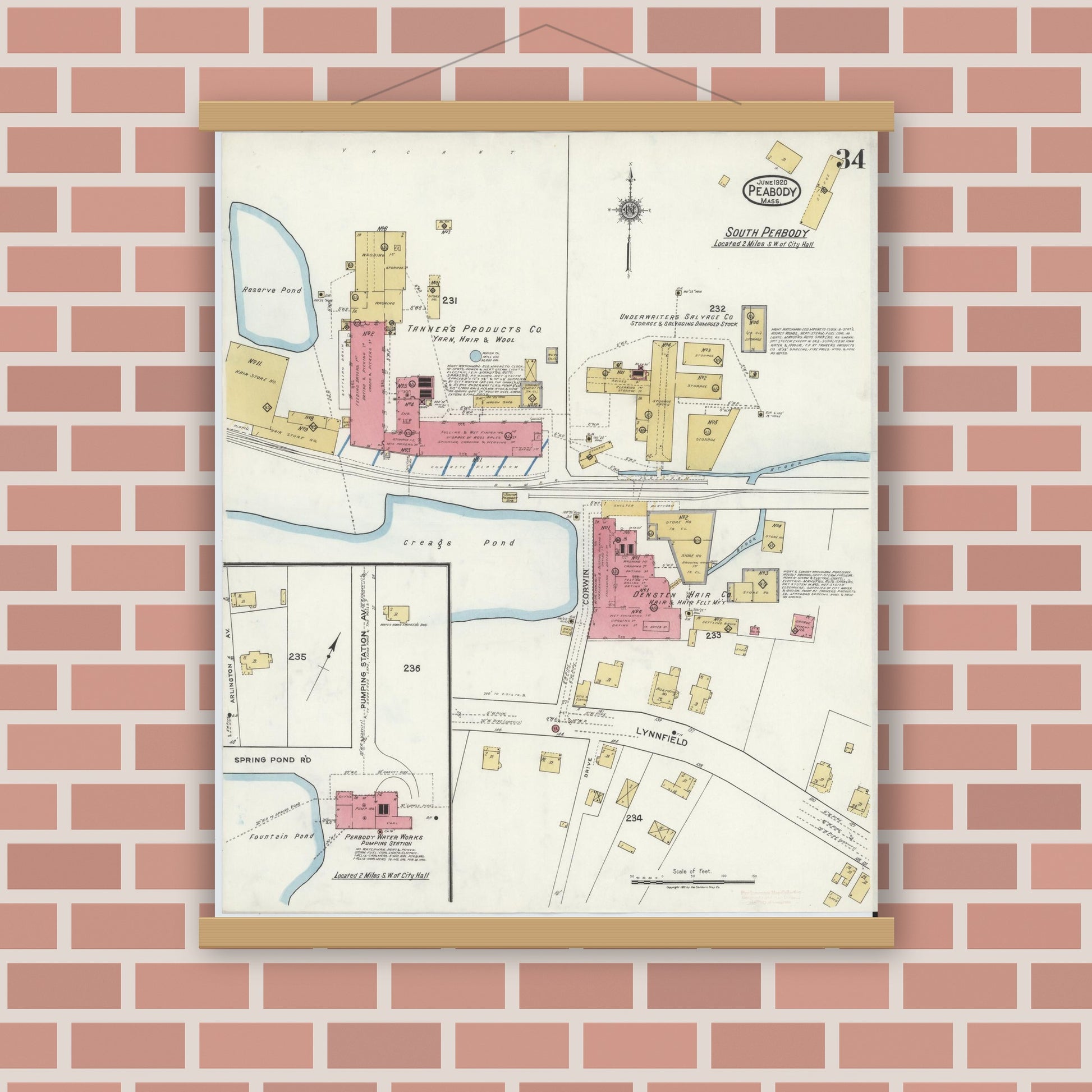 Old map wall art mockup — magnetic wood frame on brick wall — Sanborn Fire Insurance Map from Peabody, Essex County, Massachusetts (1920), Sheet #0034