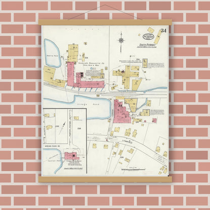 Old map wall art mockup — magnetic wood frame on brick wall — Sanborn Fire Insurance Map from Peabody, Essex County, Massachusetts (1920), Sheet #0034