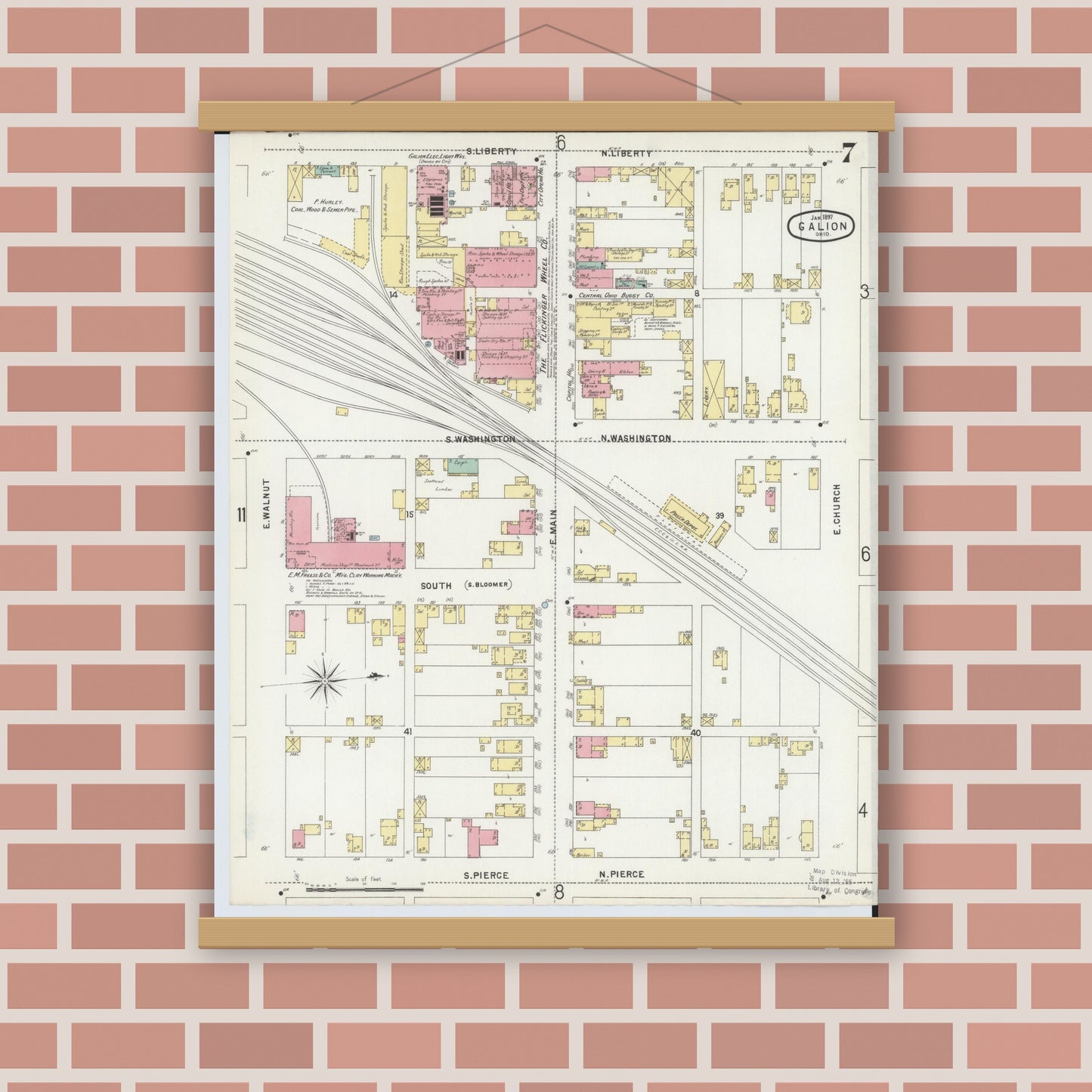 Old map wall art mockup — magnetic wood frame on brick wall — Sanborn Fire Insurance Map from Galion, Crawford County, Ohio (1897), Sheet #0007