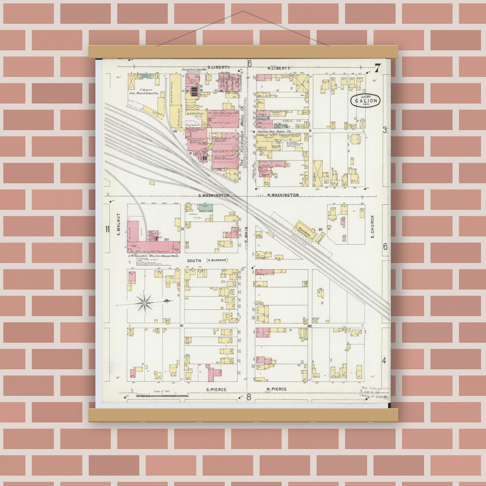 Old map wall art mockup — magnetic wood frame on brick wall — Sanborn Fire Insurance Map from Galion, Crawford County, Ohio (1897), Sheet #0007