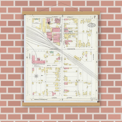 Old map wall art mockup — magnetic wood frame on brick wall — Sanborn Fire Insurance Map from Galion, Crawford County, Ohio (1897), Sheet #0007