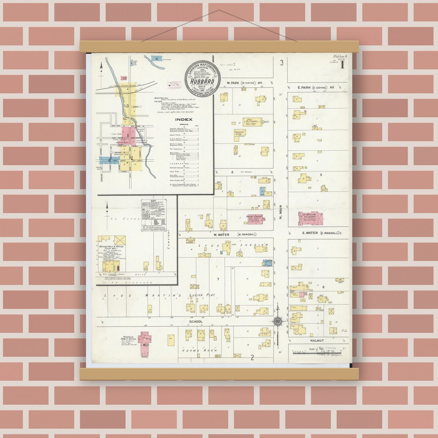 Old map wall art mockup — magnetic wood frame on brick wall — Sanborn Fire Insurance Map from Hubbard, Trumbull County, Ohio (1911), Sheet #0001