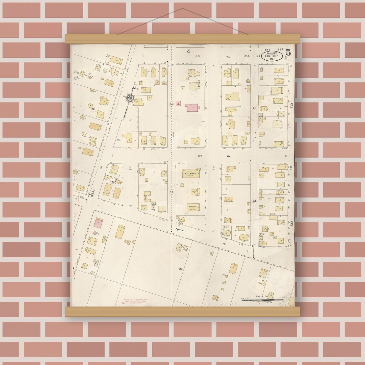 Old map wall art mockup — magnetic wood frame on brick wall — Sanborn Fire Insurance Map from Gustine, Merced County, California (1920), Sheet #0005