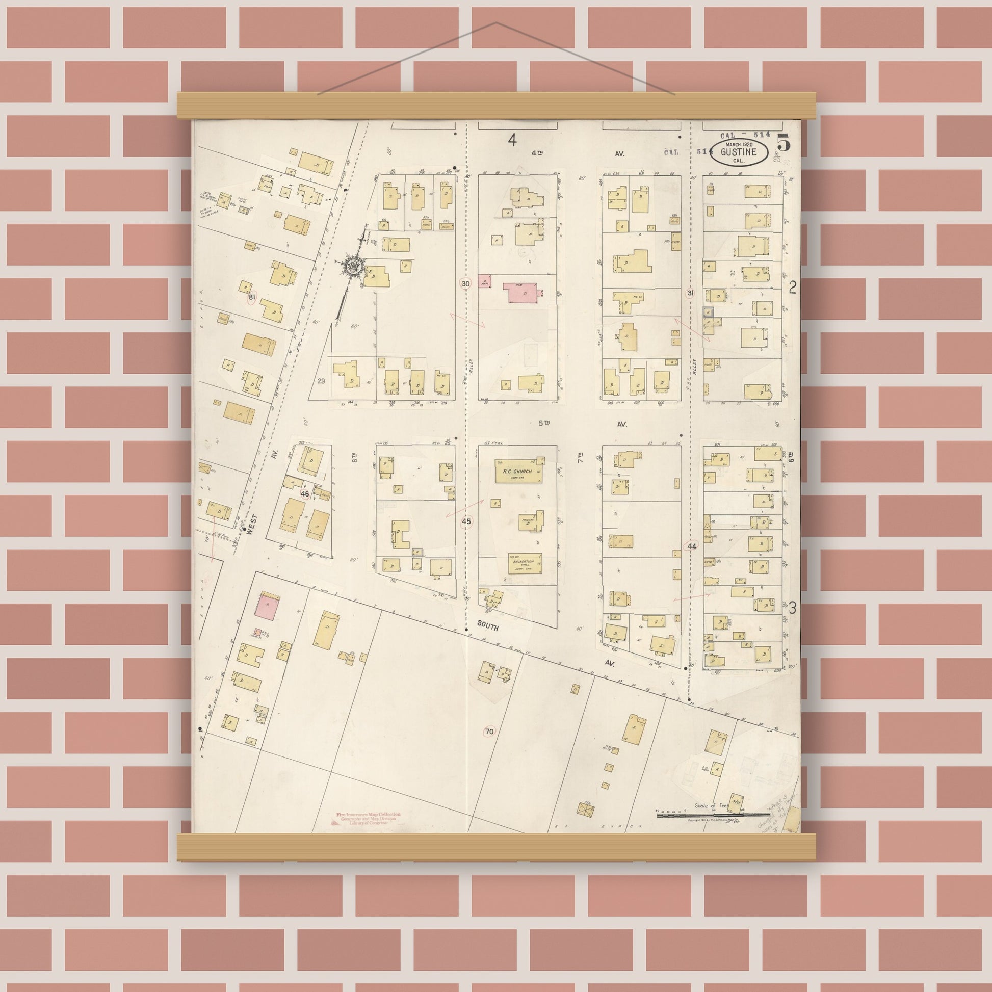 Old map wall art mockup — magnetic wood frame on brick wall — Sanborn Fire Insurance Map from Gustine, Merced County, California (1920), Sheet #0005