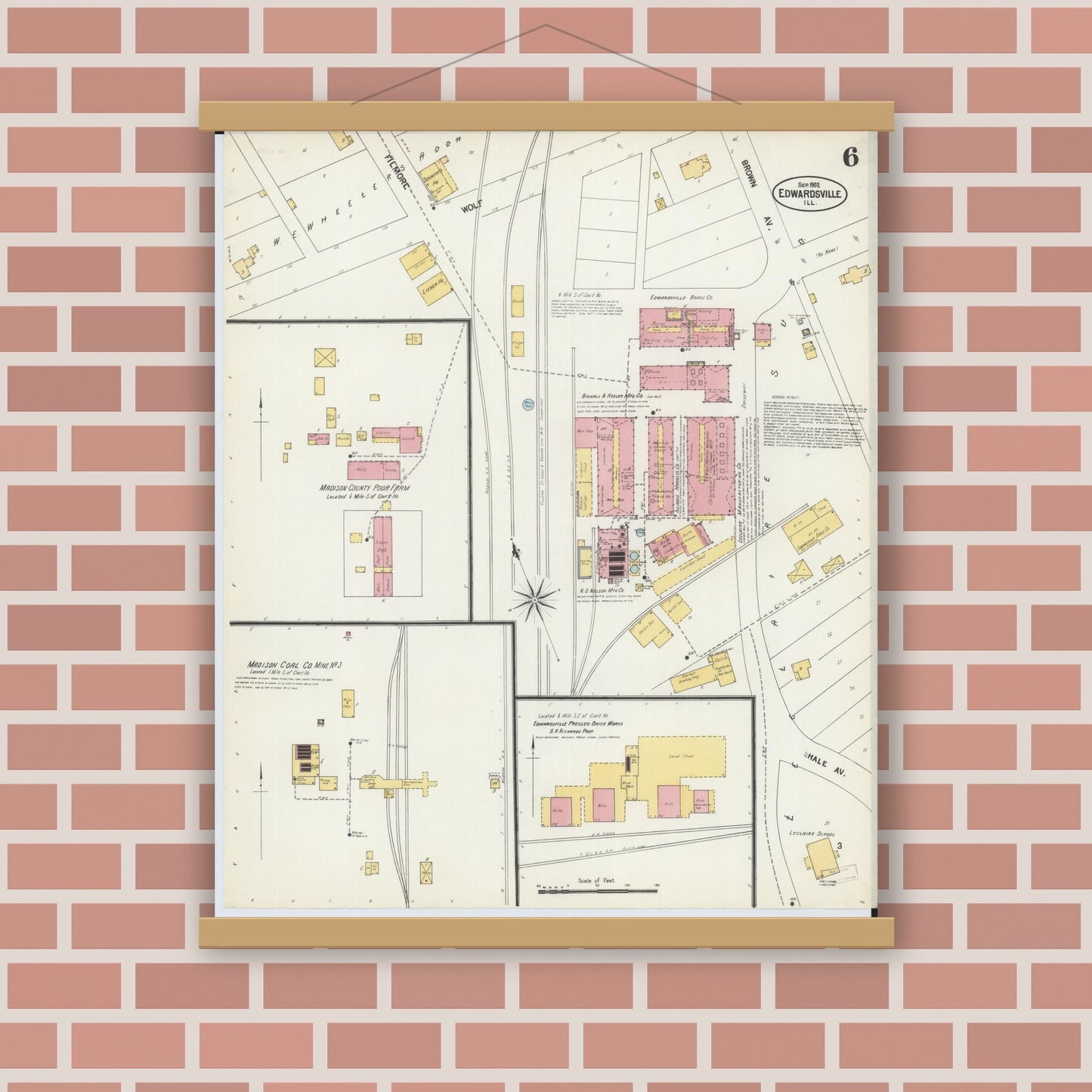Old map wall art mockup — magnetic wood frame on brick wall — Sanborn Fire Insurance Map from Edwardsville, Madison County, Illinois (1902), Sheet #0006
