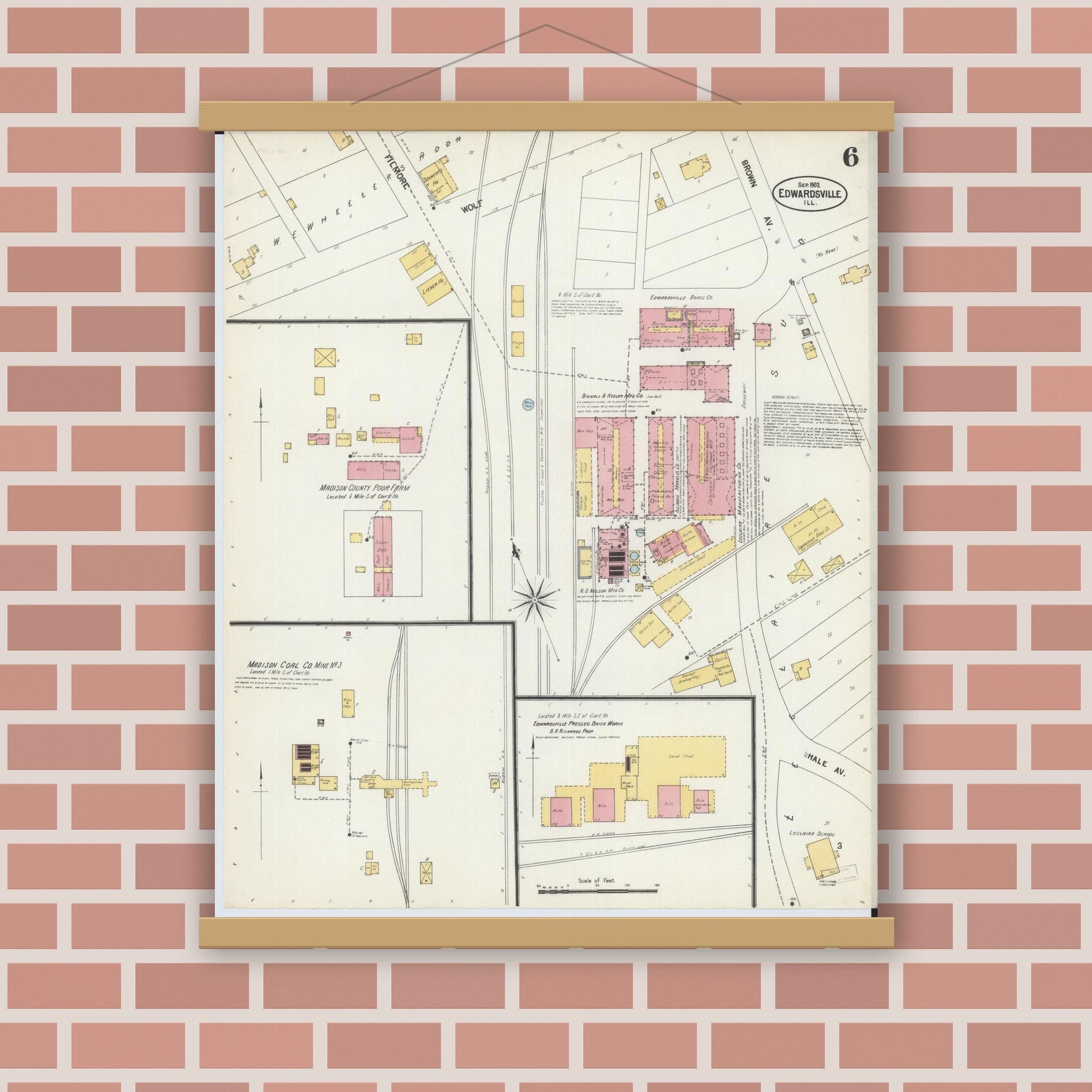 Old map wall art mockup — magnetic wood frame on brick wall — Sanborn Fire Insurance Map from Edwardsville, Madison County, Illinois (1902), Sheet #0006