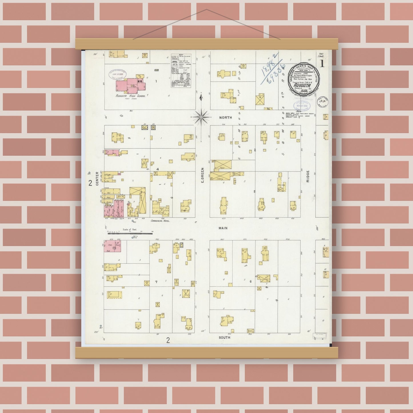 Old map wall art mockup — magnetic wood frame on brick wall — Sanborn Fire Insurance Map from Augusta, Hancock County, Illinois (1898) - Complete Map Set