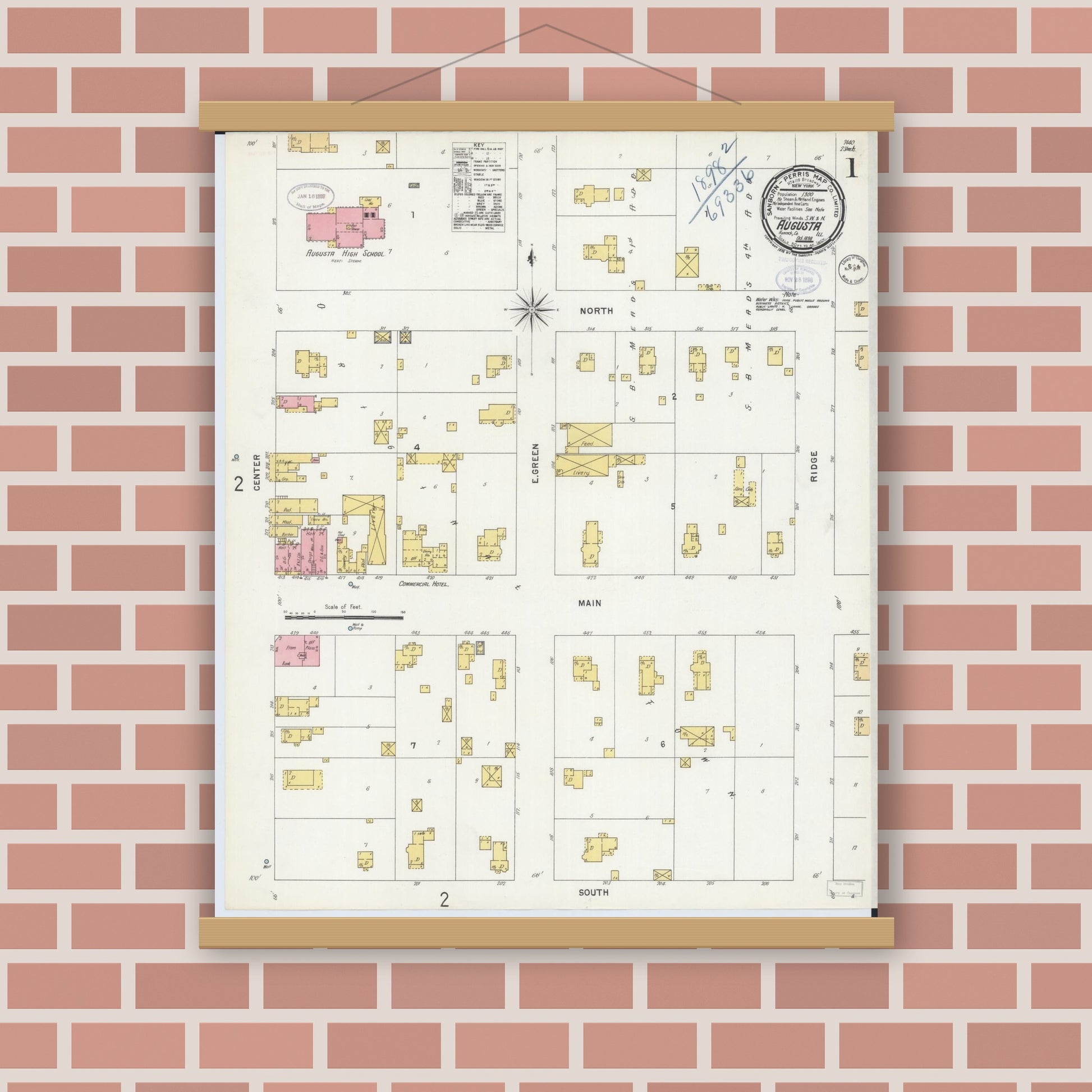 Old map wall art mockup — magnetic wood frame on brick wall — Sanborn Fire Insurance Map from Augusta, Hancock County, Illinois (1898) - Complete Map Set