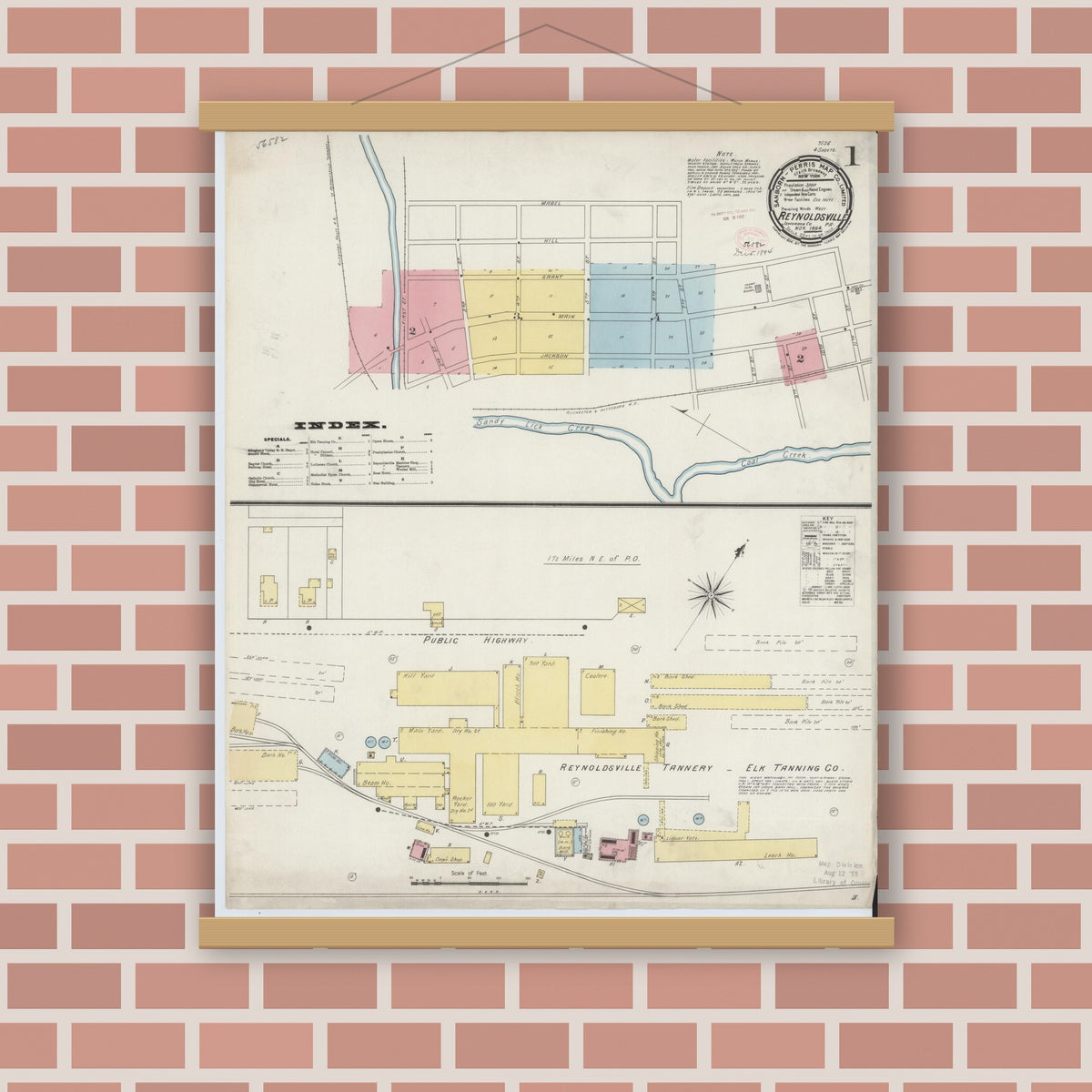 Old map wall art mockup — magnetic wood frame on brick wall — Sanborn Fire Insurance Map from Reynoldsville, Jefferson County, Pennsylvania (1894), Sheet #0001