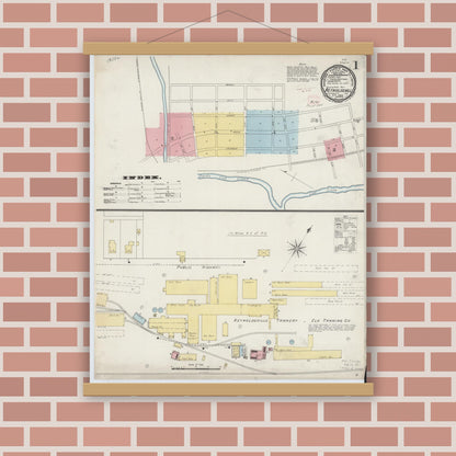 Old map wall art mockup — magnetic wood frame on brick wall — Sanborn Fire Insurance Map from Reynoldsville, Jefferson County, Pennsylvania (1894), Sheet #0001