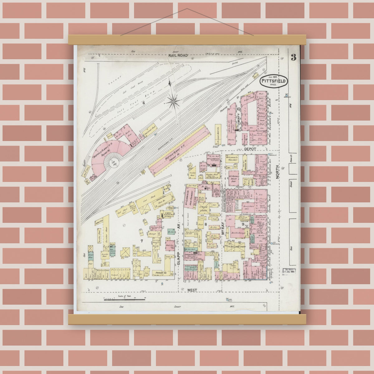 Old map wall art mockup — magnetic wood frame on brick wall — Sanborn Fire Insurance Map from Pittsfield, Berkshire County, Massachusetts (1889), Sheet #0003