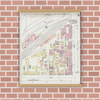 Old map wall art mockup — magnetic wood frame on brick wall — Sanborn Fire Insurance Map from Pittsfield, Berkshire County, Massachusetts (1889), Sheet #0003