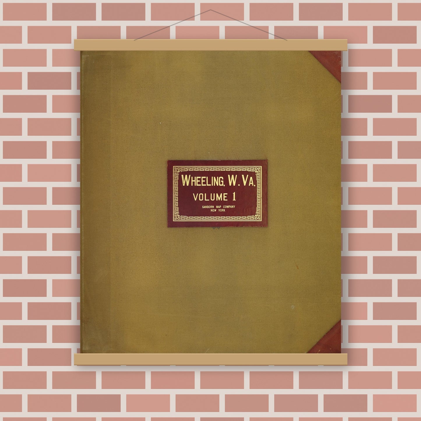 Old map wall art mockup — magnetic wood frame on brick wall — Sanborn Fire Insurance Map from Wheeling, Ohio County, West Virginia (1950), Sheet #0001