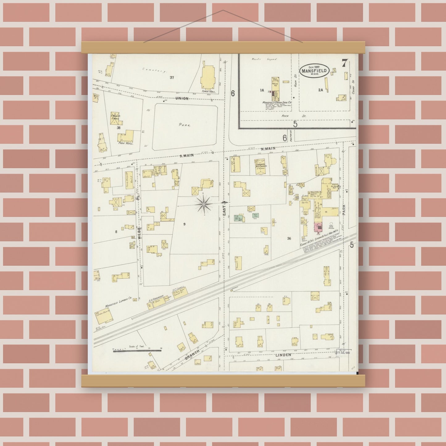 Old map wall art mockup — magnetic wood frame on brick wall — Sanborn Fire Insurance Map from Mansfield, Bristol County, Massachusetts (1897), Sheet #0007