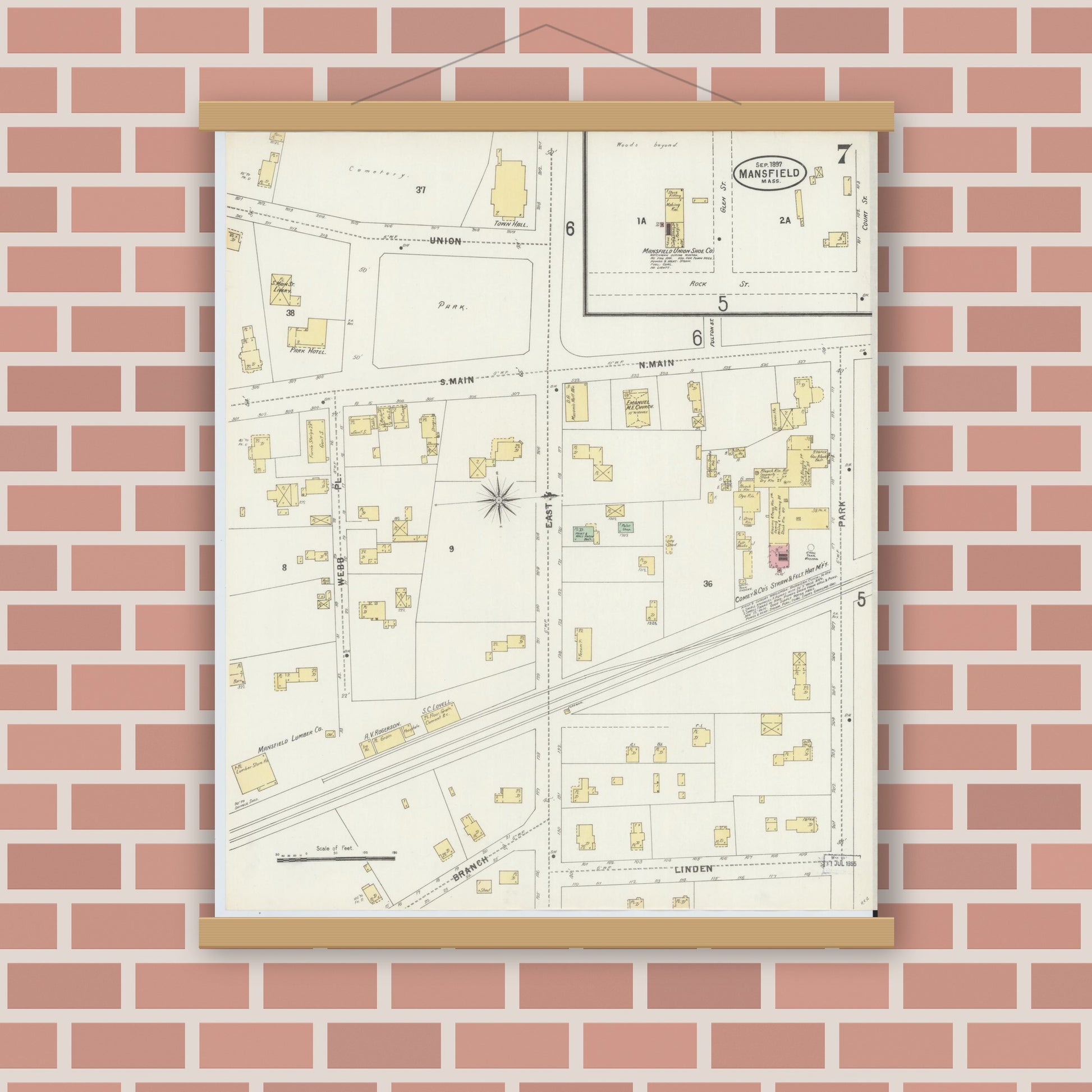 Old map wall art mockup — magnetic wood frame on brick wall — Sanborn Fire Insurance Map from Mansfield, Bristol County, Massachusetts (1897), Sheet #0007
