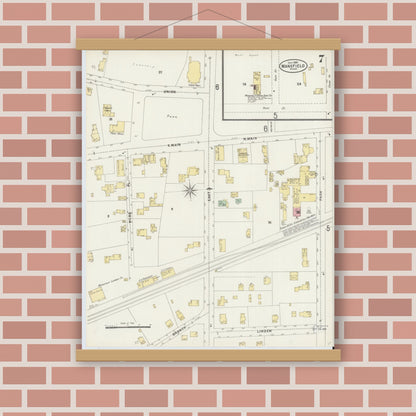 Old map wall art mockup — magnetic wood frame on brick wall — Sanborn Fire Insurance Map from Mansfield, Bristol County, Massachusetts (1897), Sheet #0007