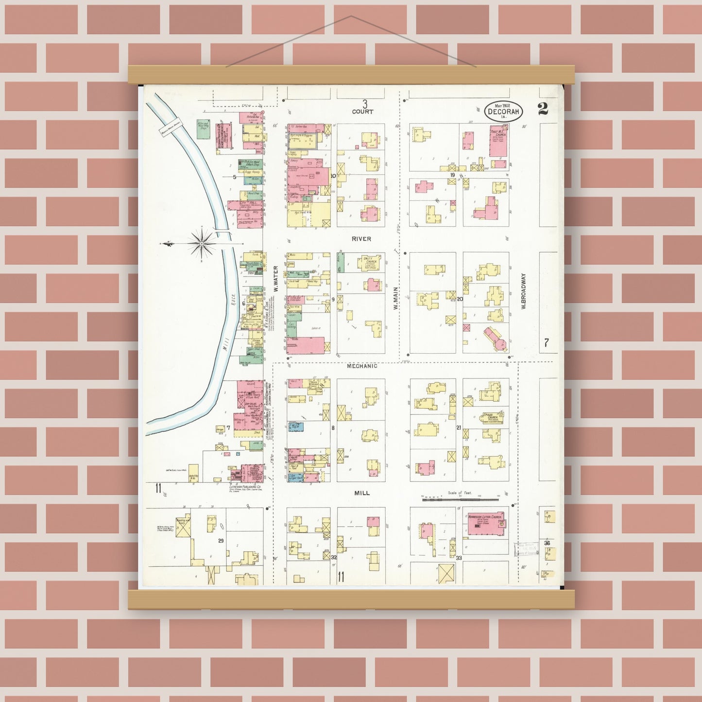 Old map wall art mockup — magnetic wood frame on brick wall — Sanborn Fire Insurance Map from Decorah, Winneshiek County, Iowa (1902), Sheet #0002