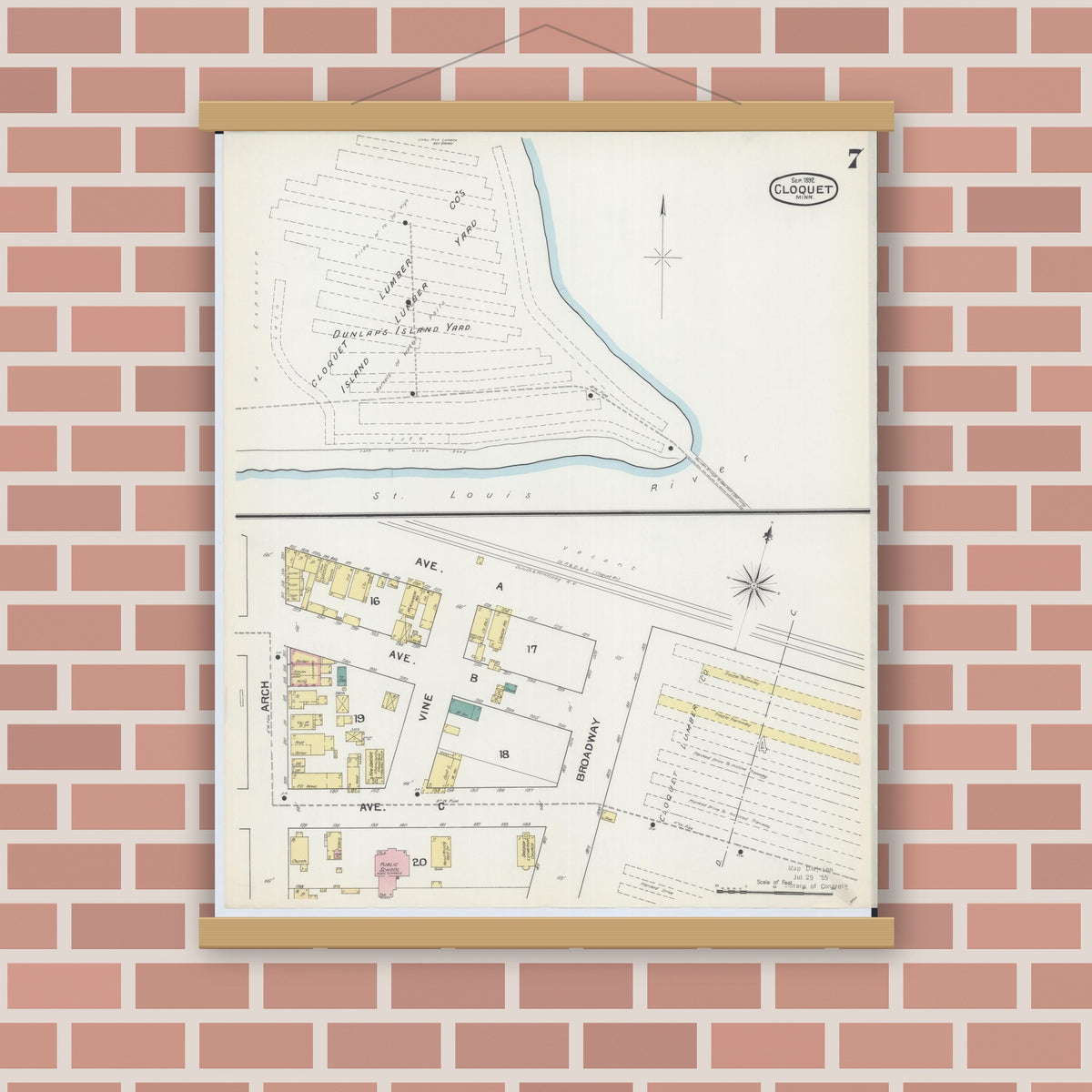 Old map wall art mockup — magnetic wood frame on brick wall — Sanborn Fire Insurance Map from Cloquet, Carlton County, Minnesota (1892), Sheet #0007