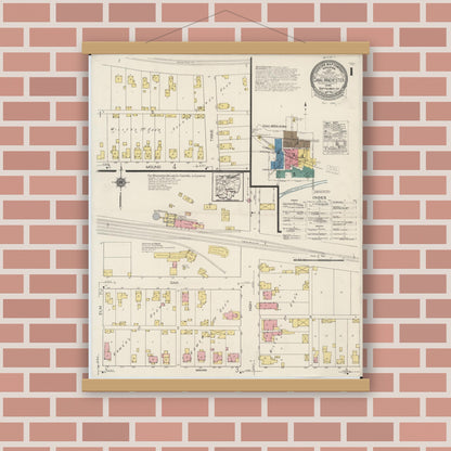 Old map wall art mockup — magnetic wood frame on brick wall — Sanborn Fire Insurance Map from Canal Winchester, Franklin County, Ohio (1922), Sheet #0001