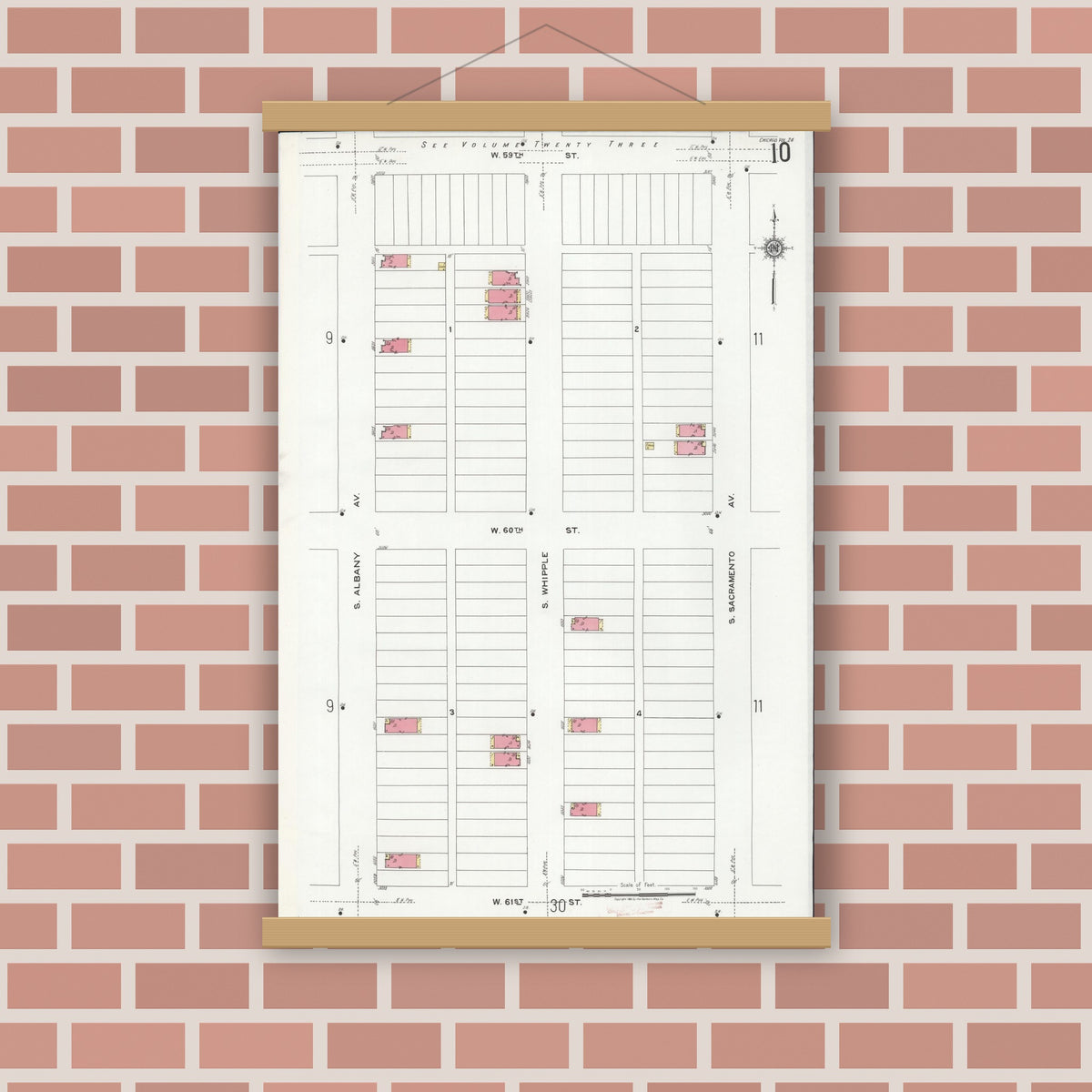 Old map wall art mockup — magnetic wood frame on brick wall — Sanborn Fire Insurance Map from Chicago, Cook County, Illinois (1920), Sheet #0010